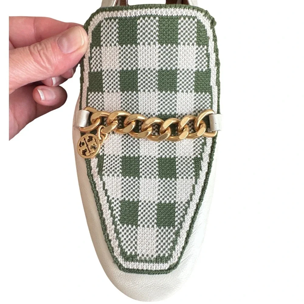 Tory Burch Mini Benton Gingham Chain Charm Loafers Ivory Green Size 8
